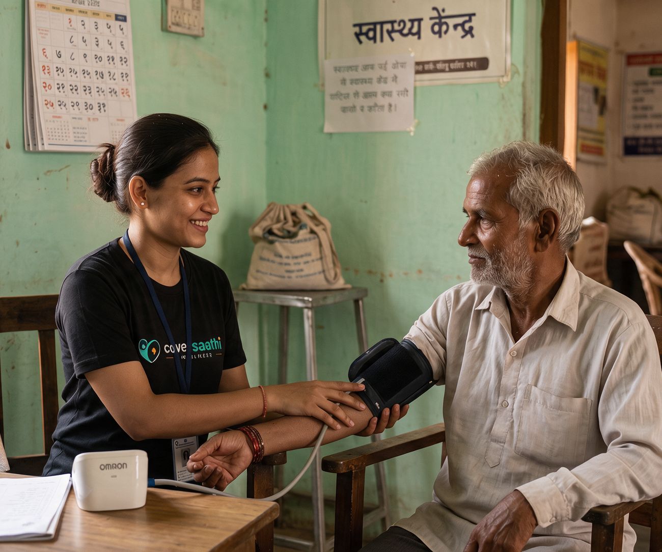 A CoverSaathi coordinator checking a man’s blood pressure at a village health centre