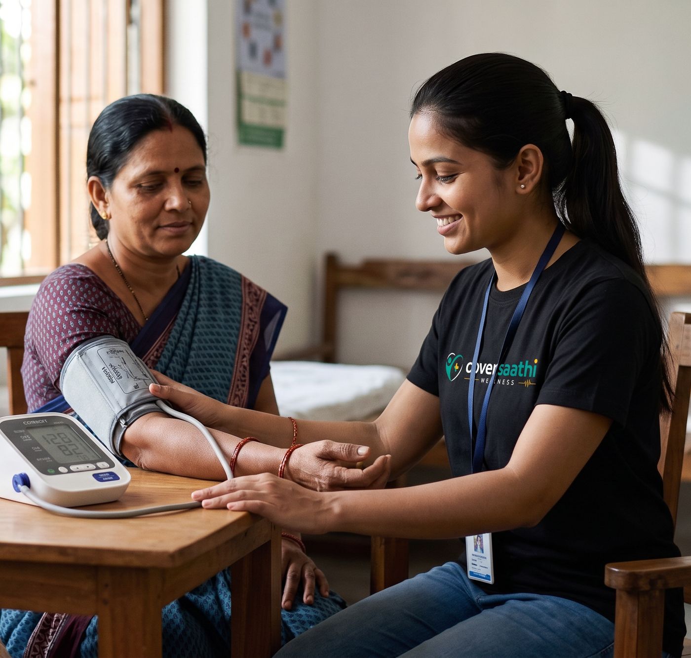 A CoverSaathi wellness coordinator checking a woman’s blood pressure at a neighbourhood wellness centre
