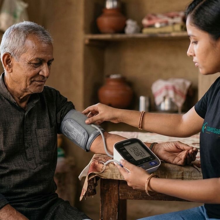 A coordinator checking an elderly man’s blood pressure