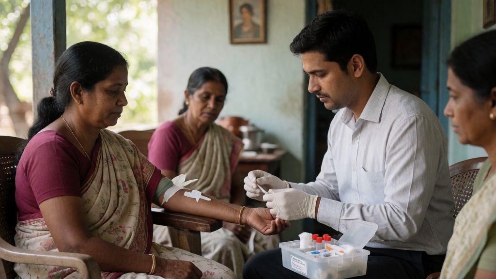 A technician collecting a blood sample on a family’s verandah