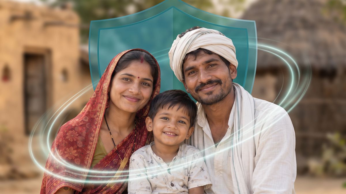 A smiling family outside their village home, framed by a protective shield