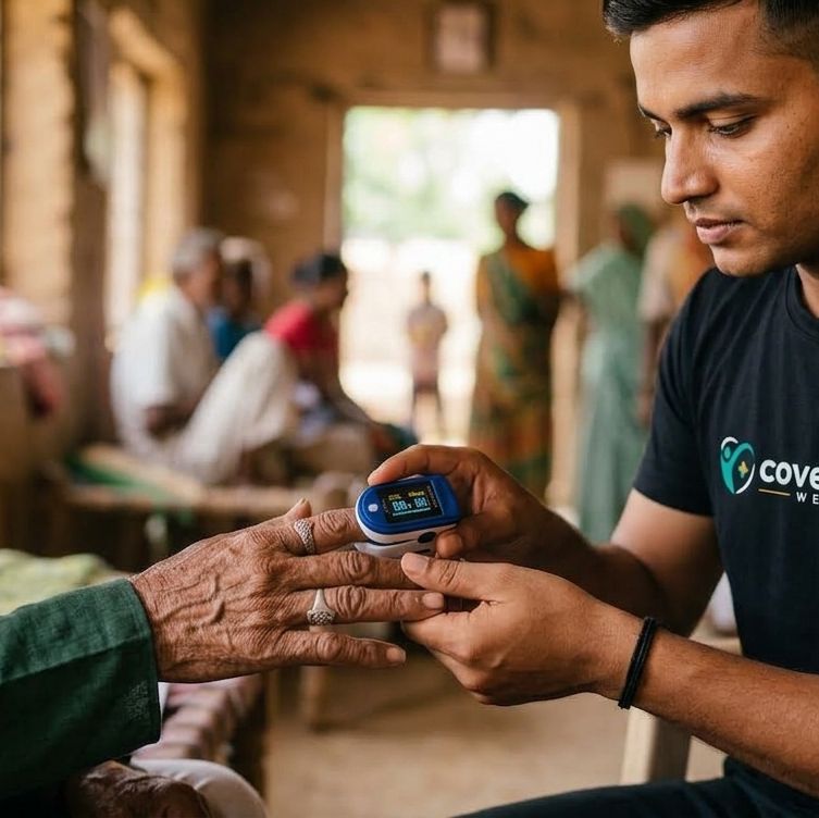 A coordinator checking SpO₂ with a pulse oximeter