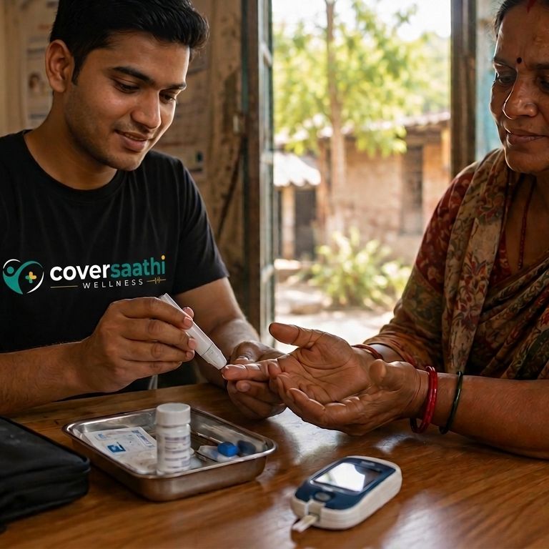 A coordinator doing a finger-prick sugar test with a glucometer