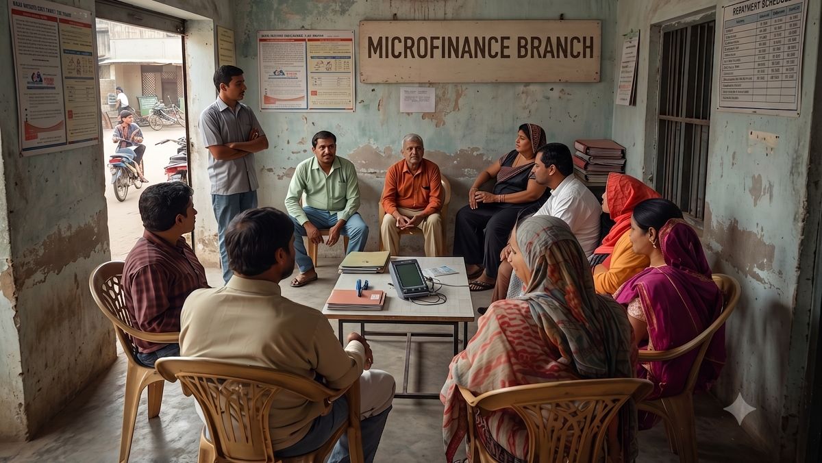 Community members meeting at a local microfinance branch